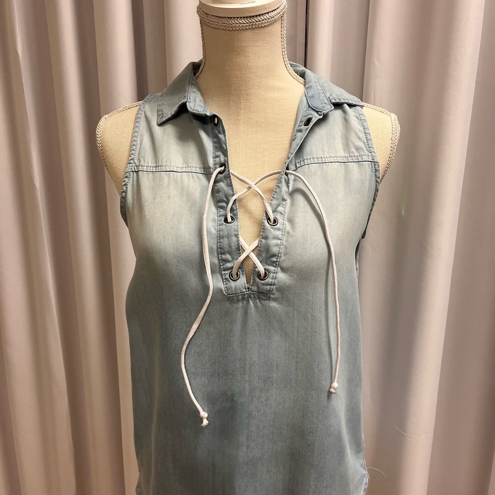 Chambray Blue Denim Lace-Up Blouse. RODEO READY!